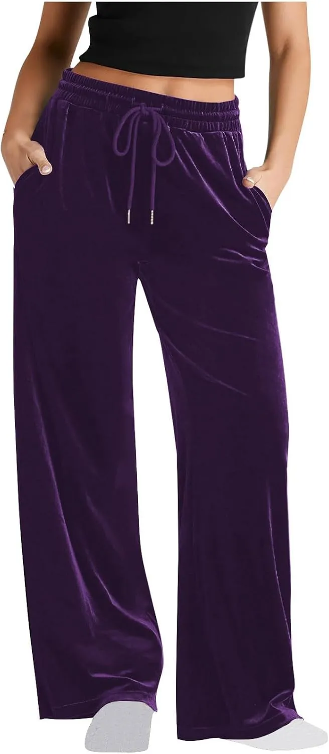 Women Velour Pants Soft Velvet Sweatpants Straight Leg Athletic Joggers Casual Lounge Pajama Pants with Pockets