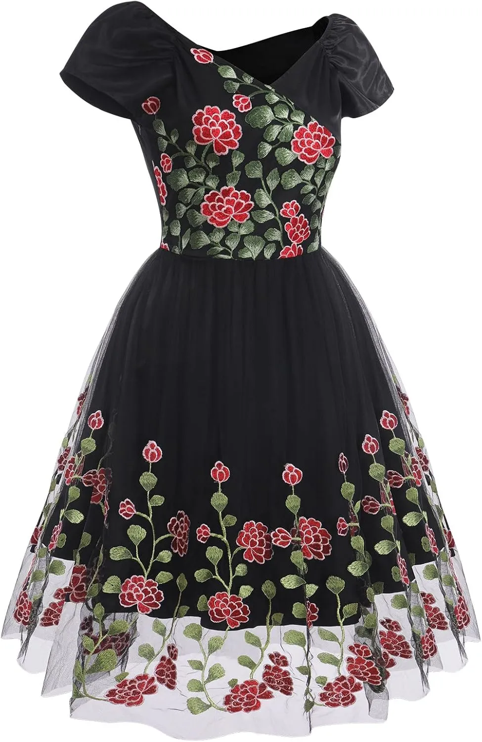 Women Vintage 1950s Embroidered Off Shoulder 3/4 Sleeves Flower Rose Wedding Cocktail Party Swing Gatsby Evening Short Gown