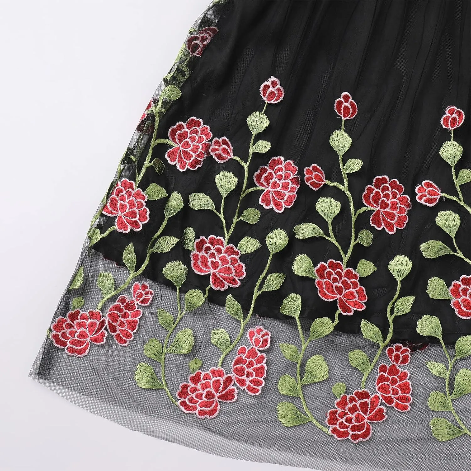 Women Vintage 1950s Embroidered Off Shoulder 3/4 Sleeves Flower Rose Wedding Cocktail Party Swing Gatsby Evening Short Gown