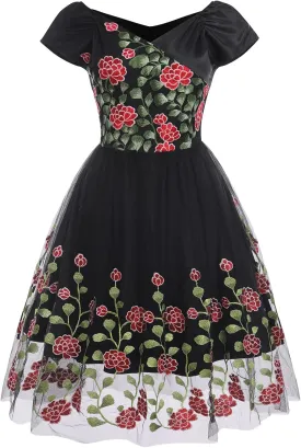Women Vintage 1950s Embroidered Off Shoulder 3/4 Sleeves Flower Rose Wedding Cocktail Party Swing Gatsby Evening Short Gown