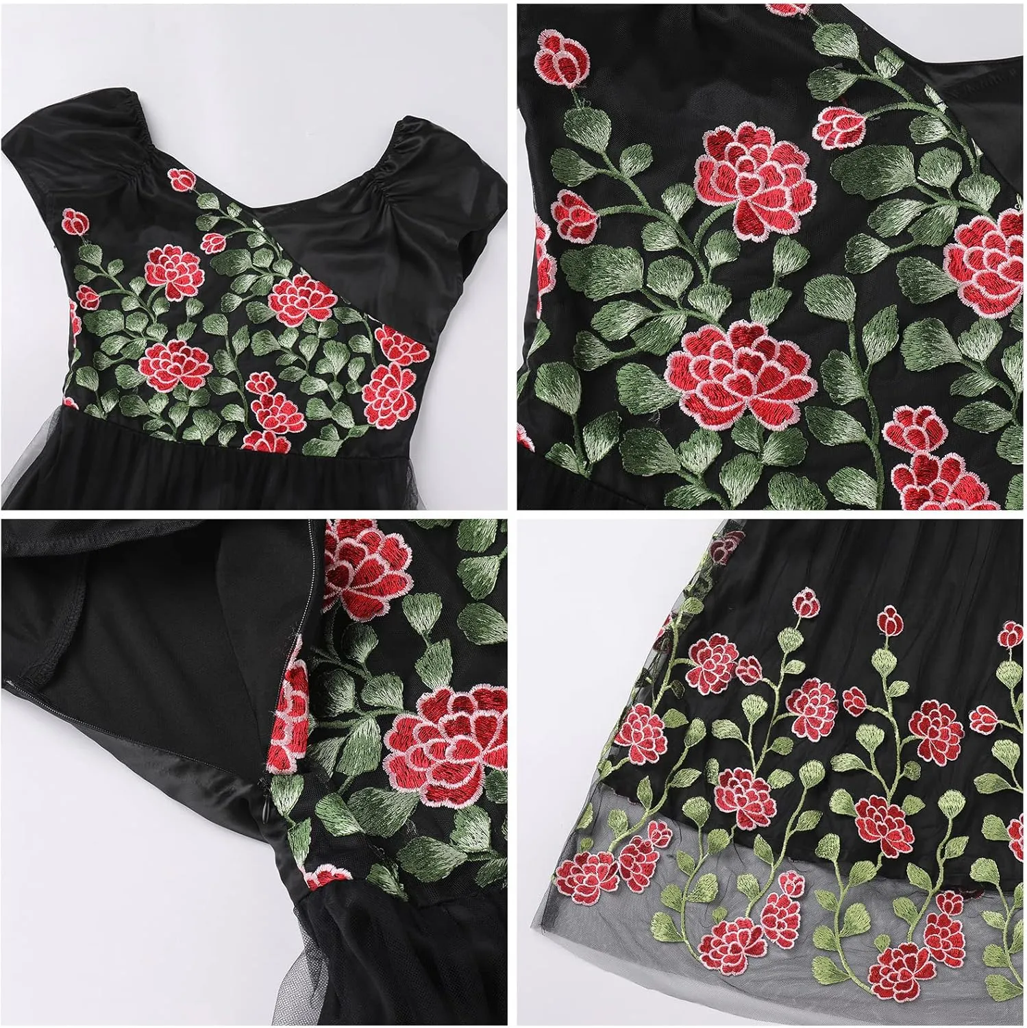 Women Vintage 1950s Embroidered Off Shoulder 3/4 Sleeves Flower Rose Wedding Cocktail Party Swing Gatsby Evening Short Gown