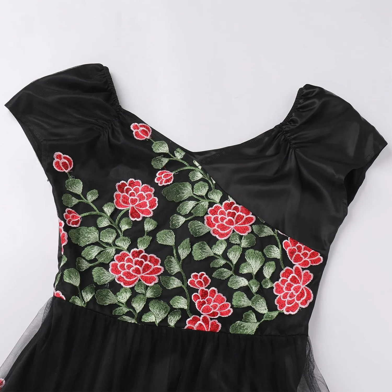 Women Vintage 1950s Embroidered Off Shoulder 3/4 Sleeves Flower Rose Wedding Cocktail Party Swing Gatsby Evening Short Gown