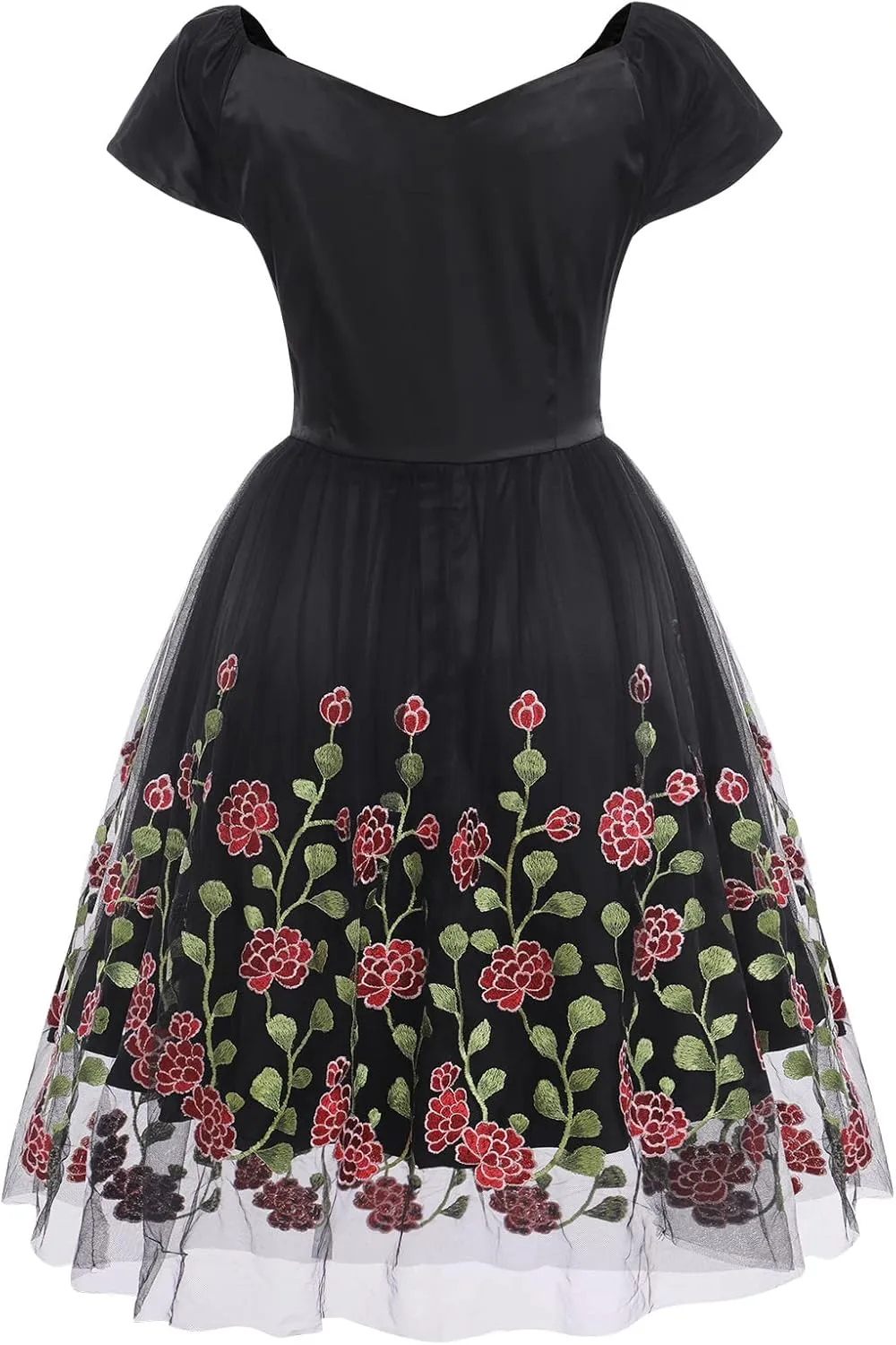 Women Vintage 1950s Embroidered Off Shoulder 3/4 Sleeves Flower Rose Wedding Cocktail Party Swing Gatsby Evening Short Gown