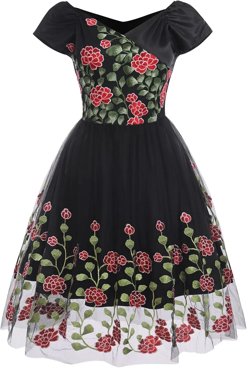 Women Vintage 1950s Embroidered Off Shoulder 3/4 Sleeves Flower Rose Wedding Cocktail Party Swing Gatsby Evening Short Gown