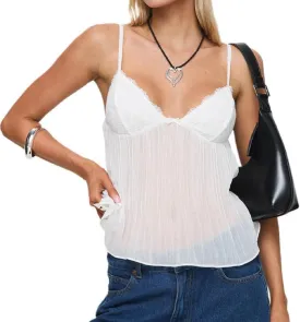 Women Y2k Babydoll Tank Tops Lace Trim V Neck Crop Cami Spaghetti Strap Peplum Top Summer Cute Aesthetic Flowy Shirts