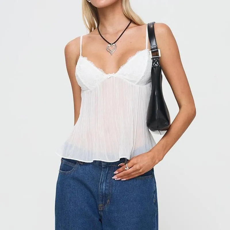 Women Y2k Babydoll Tank Tops Lace Trim V Neck Crop Cami Spaghetti Strap Peplum Top Summer Cute Aesthetic Flowy Shirts