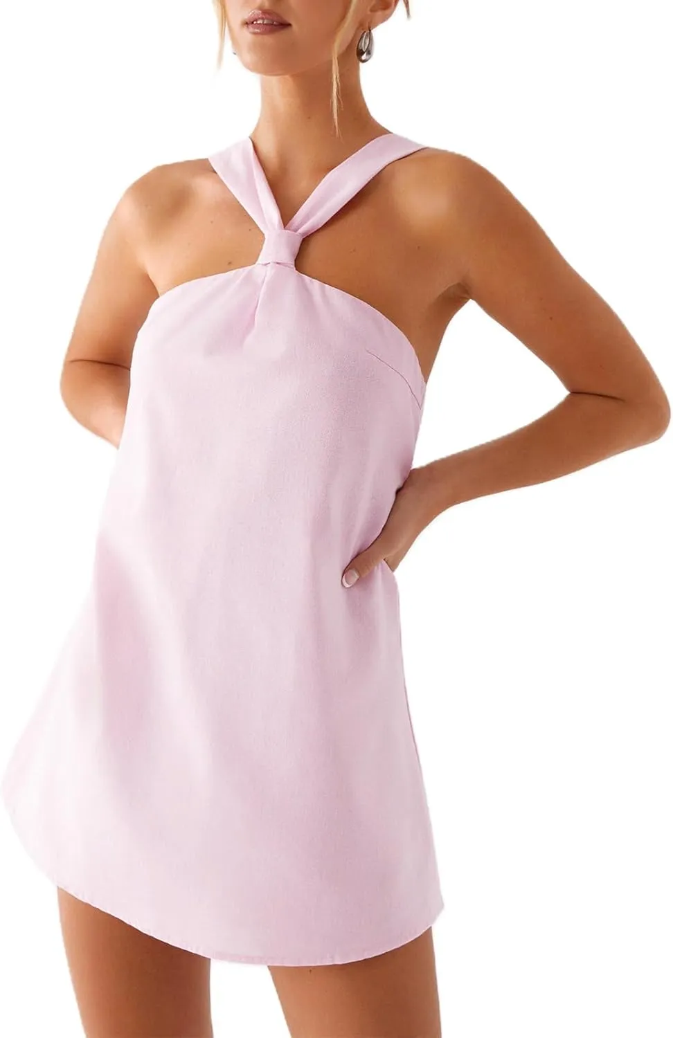 Women Y2K Halter Mini Dress Sexy Sleeveles Open Back Slim Fit Short Dress Tie Back Cocktail Party Night Out Sundress