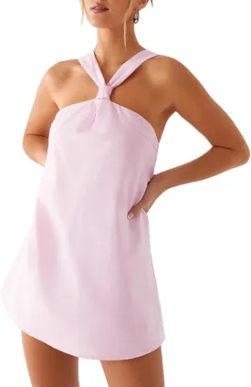 Women Y2K Halter Mini Dress Sexy Sleeveles Open Back Slim Fit Short Dress Tie Back Cocktail Party Night Out Sundress