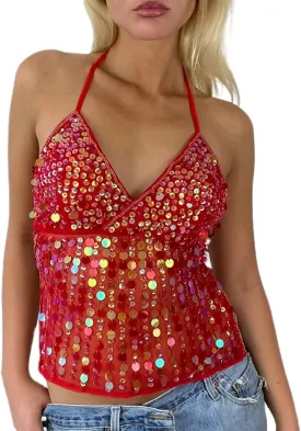 Women Y2k Sequin Cami Top Halter Tie Back Glitter Tank Top Sheer Mesh Backless Cami Sexy Night Out Party Clubwear