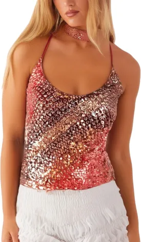 Women Y2k Sequin Halter Cami Top Sparkly Knit Sleeveless Backless Crop Top Glitter Crochet Cami Tank Tops