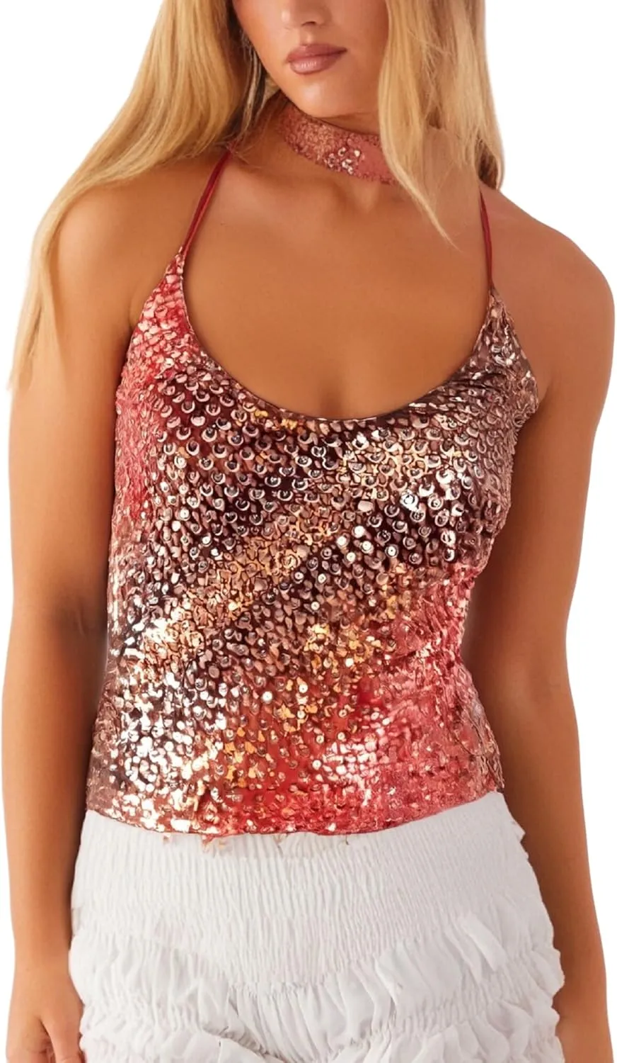 Women Y2k Sequin Halter Cami Top Sparkly Knit Sleeveless Backless Crop Top Glitter Crochet Cami Tank Tops