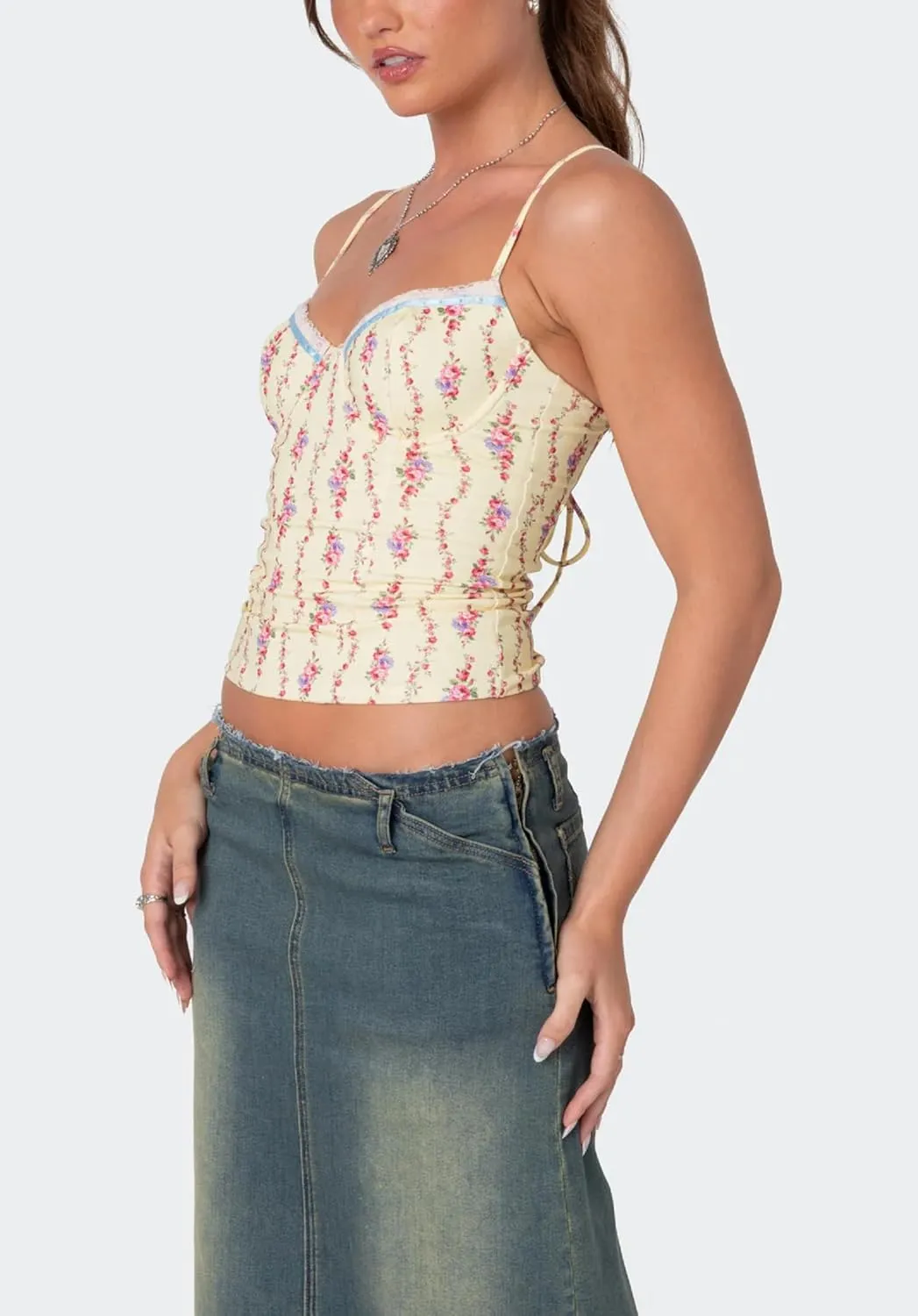 Women Y2k Spaghetti Strap Tank Top Teen Girl Sleeveless V Neck Cute Floral Tank Top Tie Back Slim Fit Crop Vest