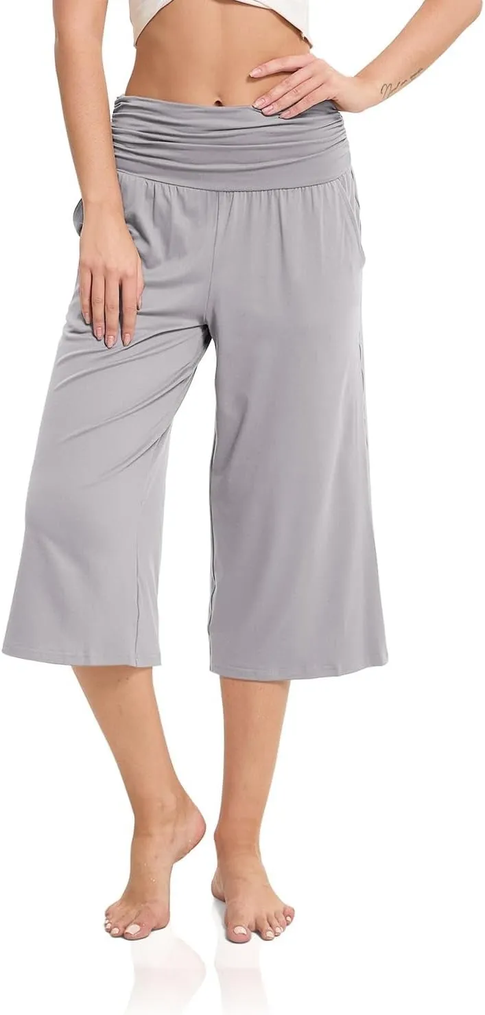 Women's Capri Pants Elastic Waist Wide Leg Loose Pants Cropped Trousers with Pockets Summer Casual Yoga Sweatpants