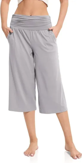 Women's Capri Pants Elastic Waist Wide Leg Loose Pants Cropped Trousers with Pockets Summer Casual Yoga Sweatpants