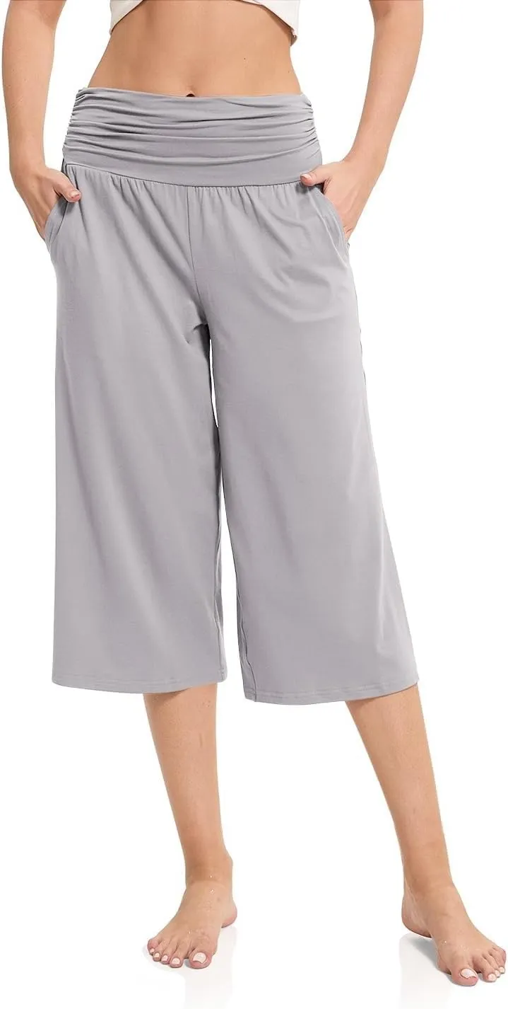 Women's Capri Pants Elastic Waist Wide Leg Loose Pants Cropped Trousers with Pockets Summer Casual Yoga Sweatpants