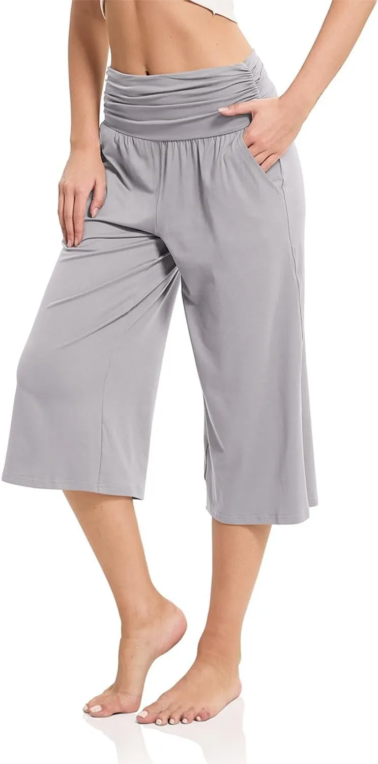 Women's Capri Pants Elastic Waist Wide Leg Loose Pants Cropped Trousers with Pockets Summer Casual Yoga Sweatpants