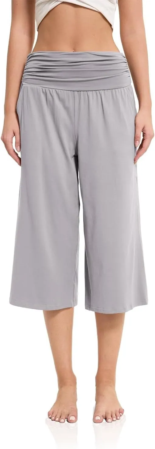 Women's Capri Pants Elastic Waist Wide Leg Loose Pants Cropped Trousers with Pockets Summer Casual Yoga Sweatpants