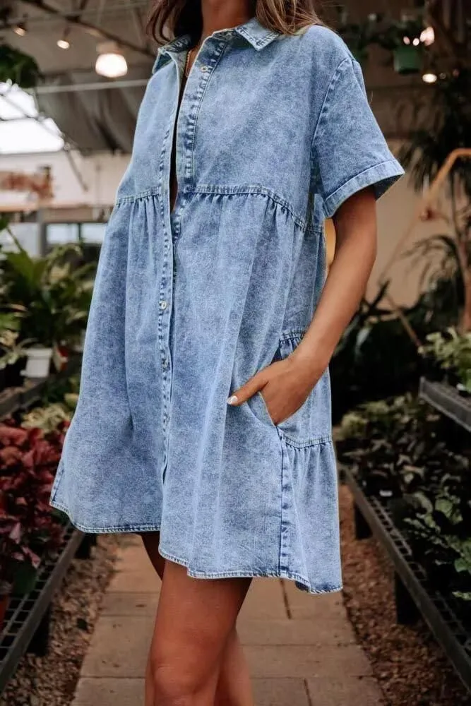 Women's Denim Dress for Women Blue Jean Dress 2025 Trendy Summer Short Sleeve Denim Dresses with Pockets