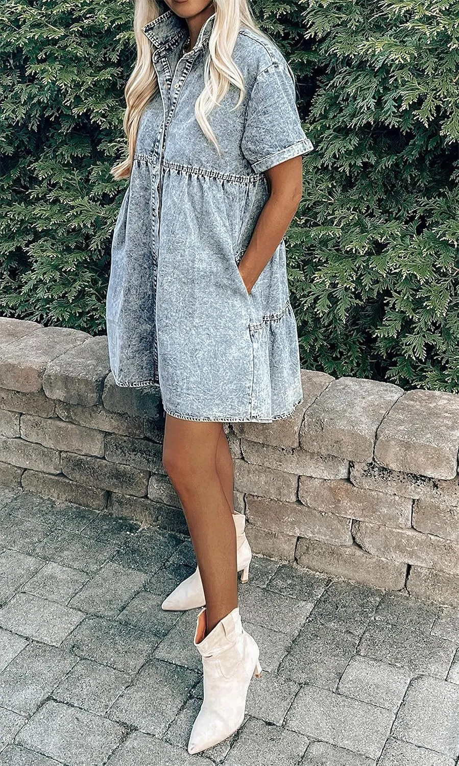 Women's Denim Dress for Women Blue Jean Dress 2025 Trendy Summer Short Sleeve Denim Dresses with Pockets