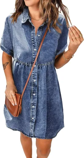 Women's Denim Dress for Women Blue Jean Dress 2025 Trendy Summer Short Sleeve Denim Dresses with Pockets