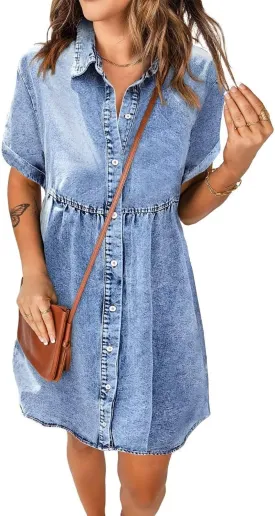 Women's Denim Dress for Women Blue Jean Dress 2025 Trendy Summer Short Sleeve Denim Dresses with Pockets
