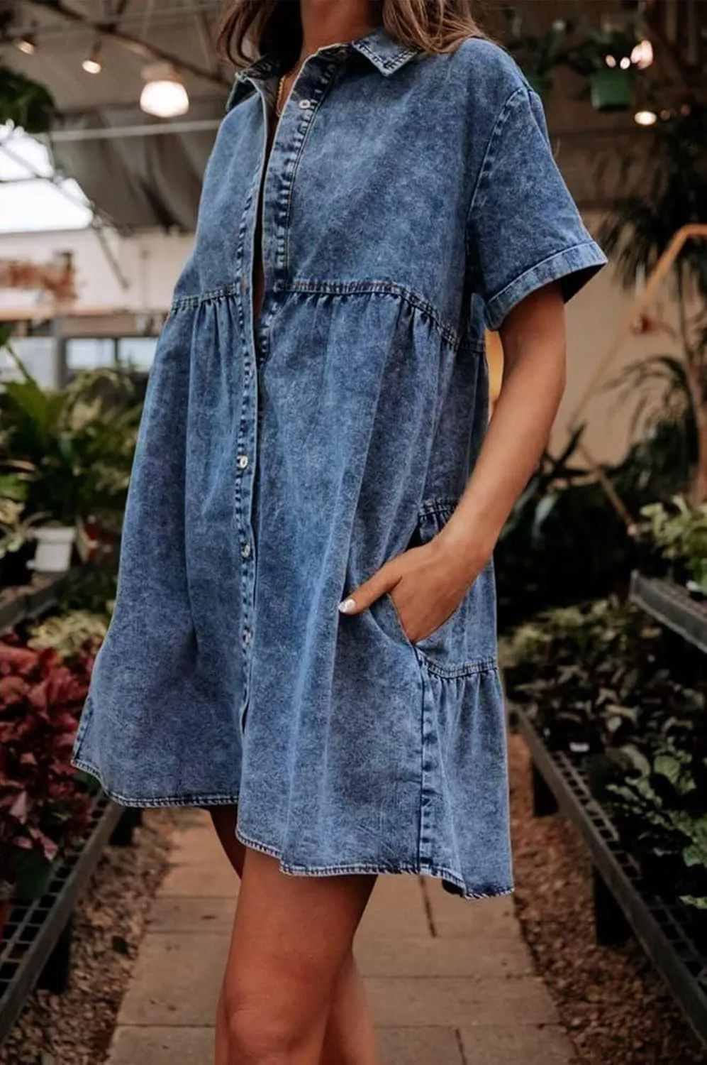 Women's Denim Dress for Women Blue Jean Dress 2025 Trendy Summer Short Sleeve Denim Dresses with Pockets