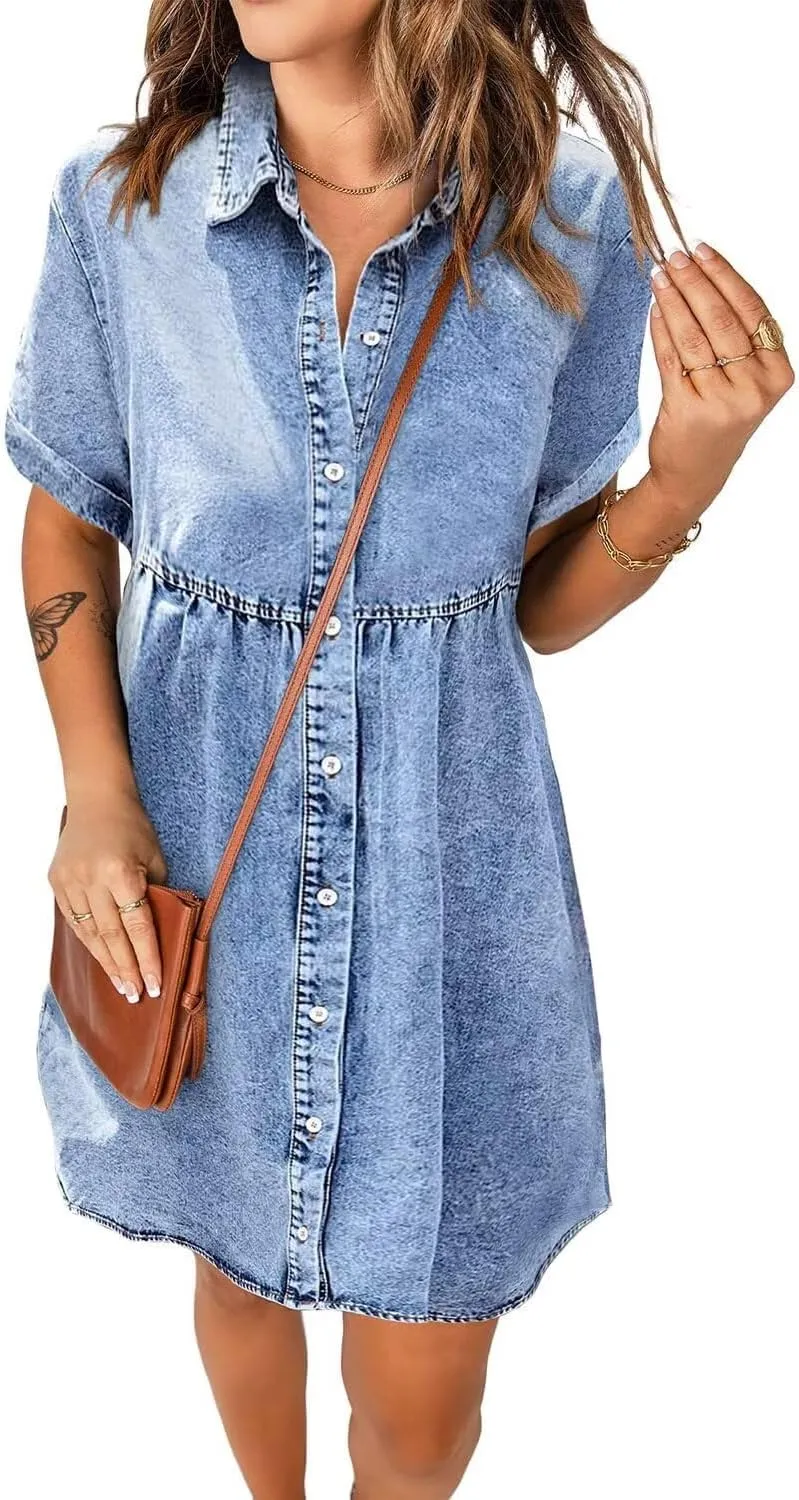 Women's Denim Dress for Women Blue Jean Dress 2025 Trendy Summer Short Sleeve Denim Dresses with Pockets