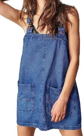 Women's Denim Overalls Dress Casual Jeans Summer Mini Rompers with Adjustable Strap and Pockets