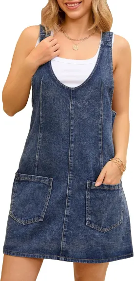 Women's Denim Overalls Roller Romper Loose Casual Sleeveless Pinafore Mini Dresses