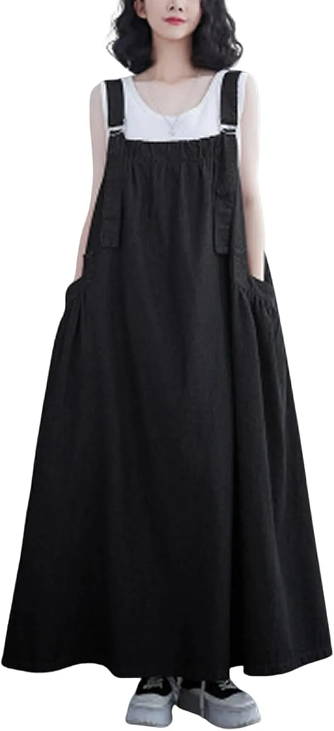 Women's Denim Pullover Casual Loose Sleeveless Adjustable Strap Denim Dress with Pockets and Wide Hem