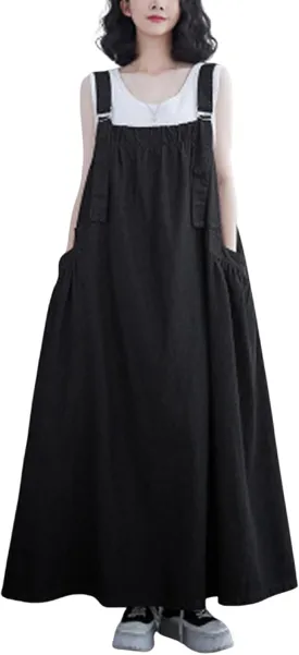Women's Denim Pullover Casual Loose Sleeveless Adjustable Strap Denim Dress with Pockets and Wide Hem