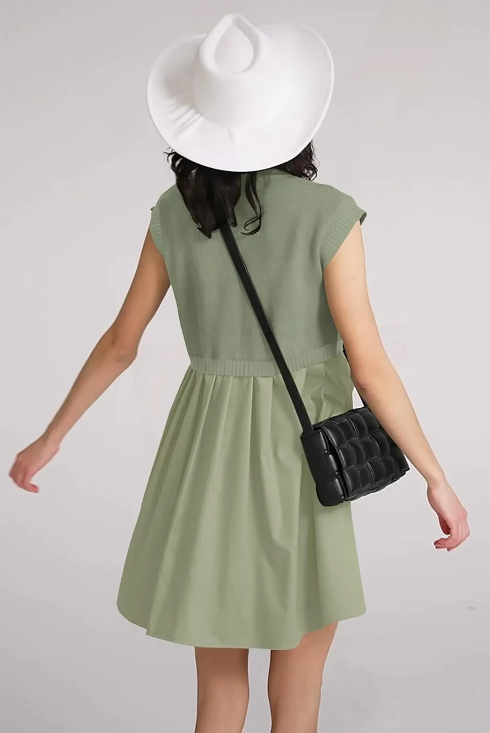 Womens Dresses Striped Knit Top Pleated Loose Swing Mini Short Sleeve Dress 2024 Trendy