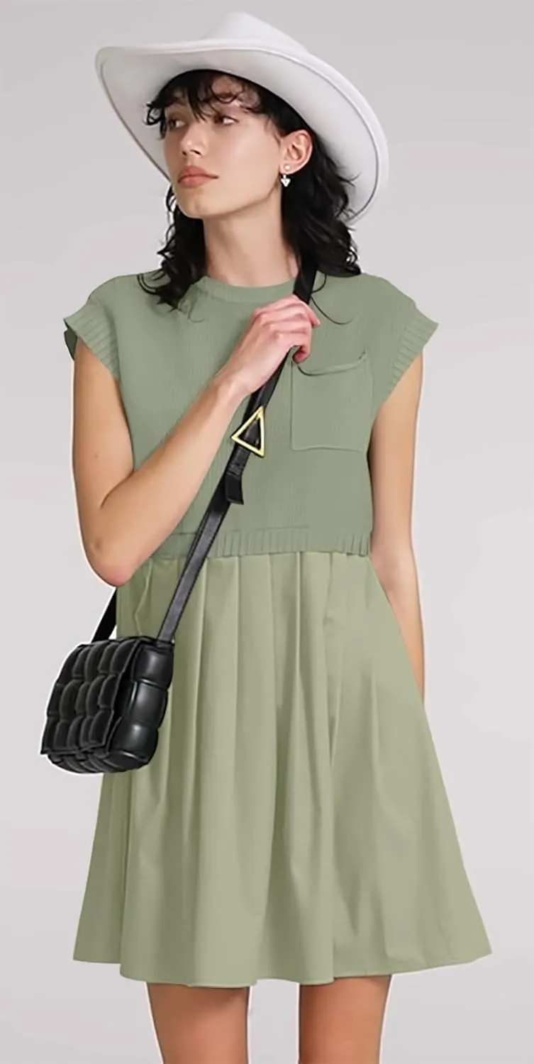 Womens Dresses Striped Knit Top Pleated Loose Swing Mini Short Sleeve Dress 2024 Trendy