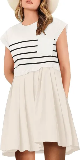 Womens Dresses Striped Knit Top Pleated Loose Swing Mini Short Sleeve Dress 2024 Trendy