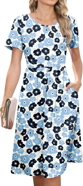 Women's Empire Waist Pleated Dress Flowy Casual Knee Length Short Sleeve Dresses with Pockets 2025