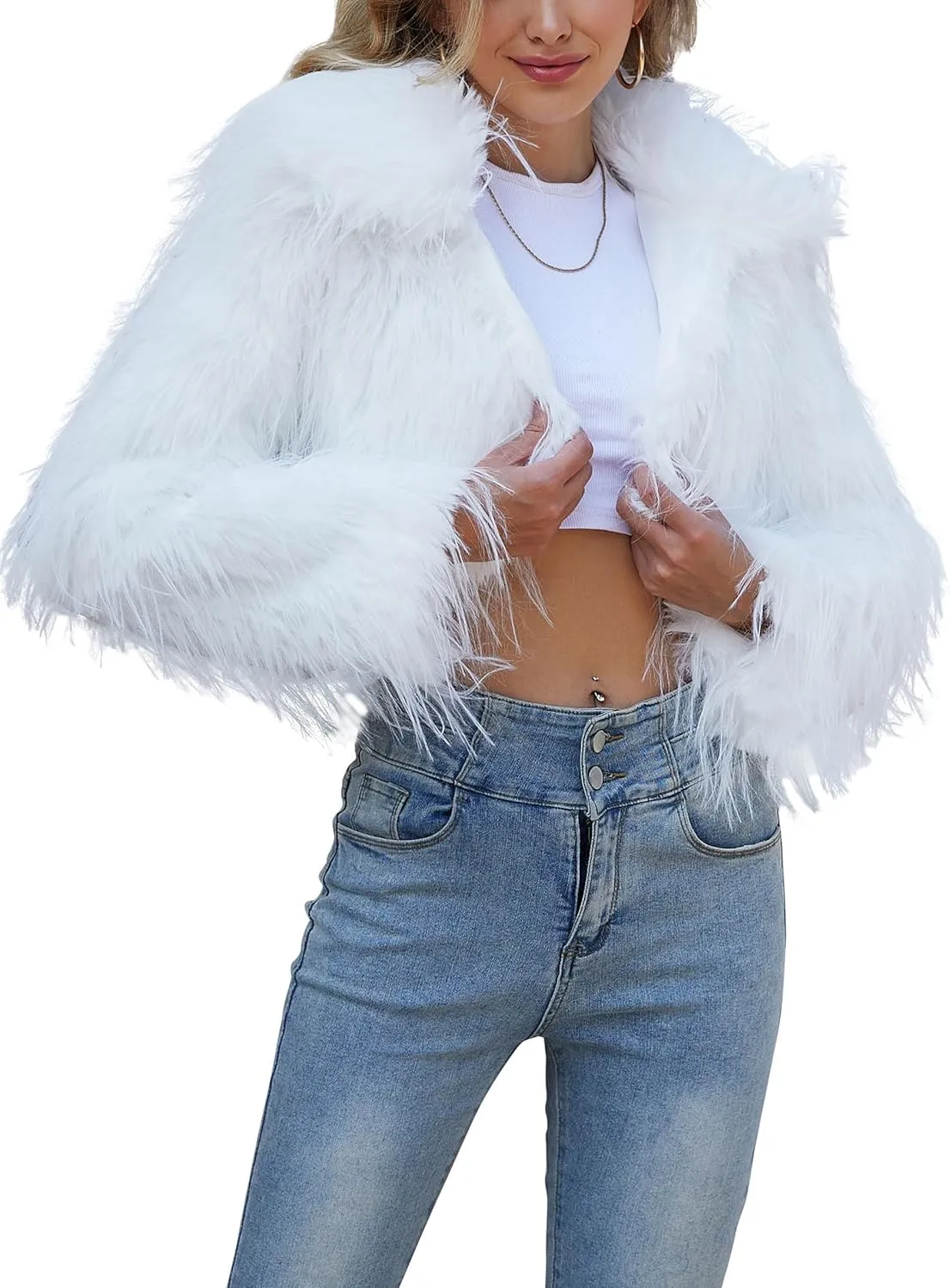 Womens Faux Fur Cropped Jacket Fluffy Open Front Long Sleeve Fashion Warm Shaggy Short Coat Outerwear