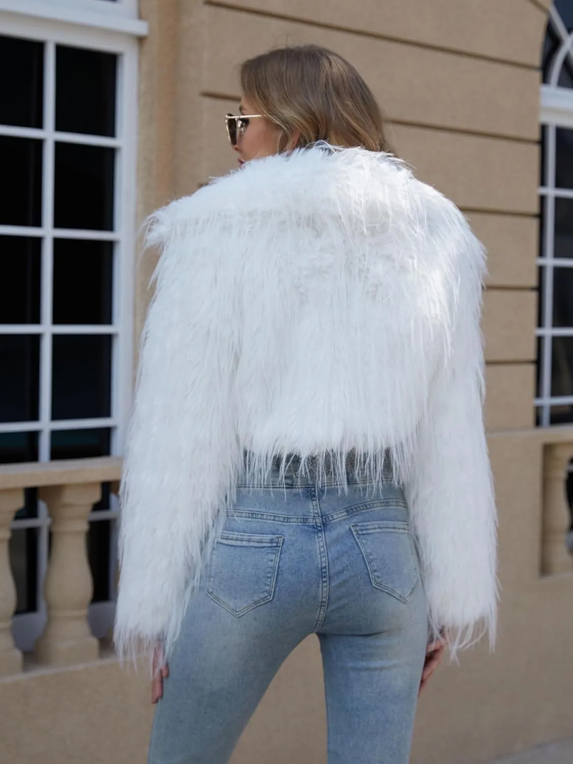 Womens Faux Fur Cropped Jacket Fluffy Open Front Long Sleeve Fashion Warm Shaggy Short Coat Outerwear