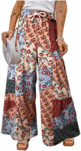 Women's Floral Casual Pants Loose Elastic Waist Drawstring Colorblock Beach Pants, Summer Boho Loose Palazzo Trousers