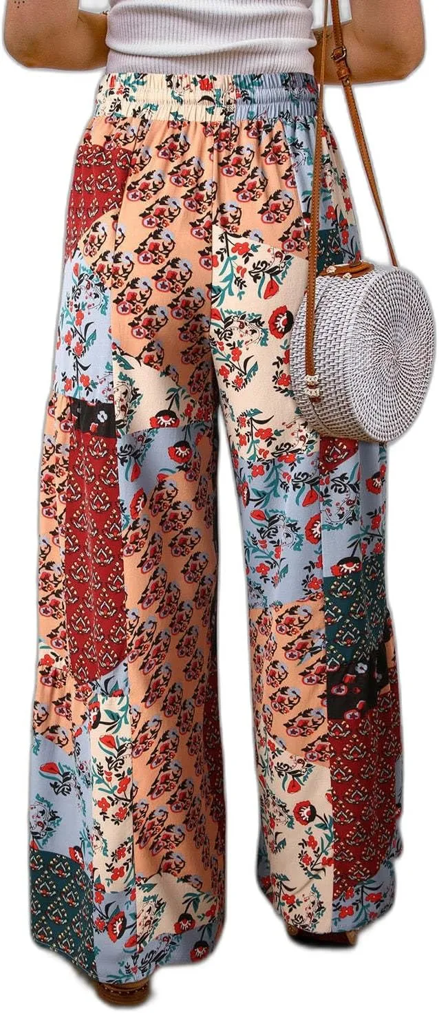 Women's Floral Casual Pants Loose Elastic Waist Drawstring Colorblock Beach Pants, Summer Boho Loose Palazzo Trousers