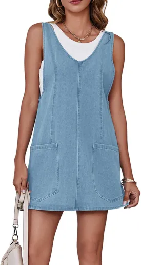Womens High Roller Overalls Denim Dress Loose Casual Sleeveless Mini Pinafore Jean Romper Skirtall with Pockets