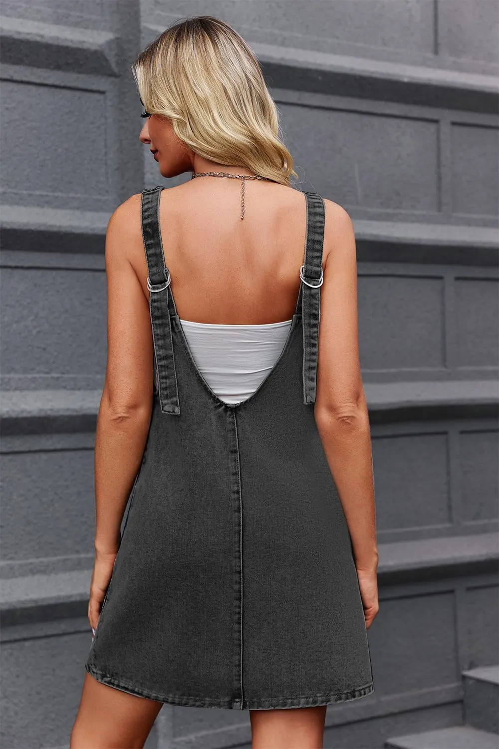 Womens High Roller Overalls Denim Dress Loose Casual Sleeveless Mini Pinafore Jean Romper Skirtall with Pockets