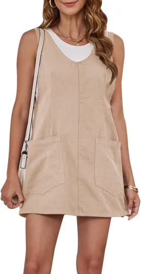 Womens High Roller Overalls Denim Dress Loose Casual Sleeveless Mini Pinafore Jean Romper Skirtall with Pockets