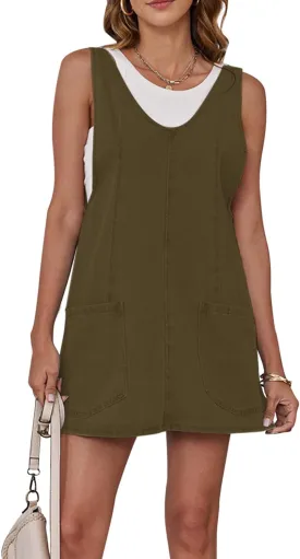 Womens High Roller Overalls Denim Dress Loose Casual Sleeveless Mini Pinafore Jean Romper Skirtall with Pockets