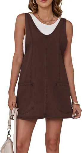 Womens High Roller Overalls Denim Dress Loose Casual Sleeveless Mini Pinafore Jean Romper Skirtall with Pockets