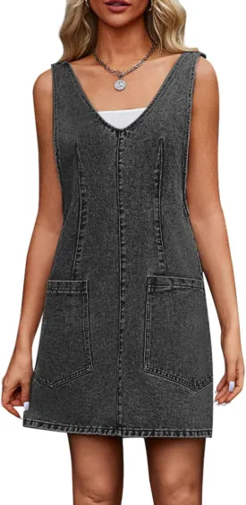 Womens High Roller Overalls Denim Dress Loose Casual Sleeveless Mini Pinafore Jean Romper Skirtall with Pockets