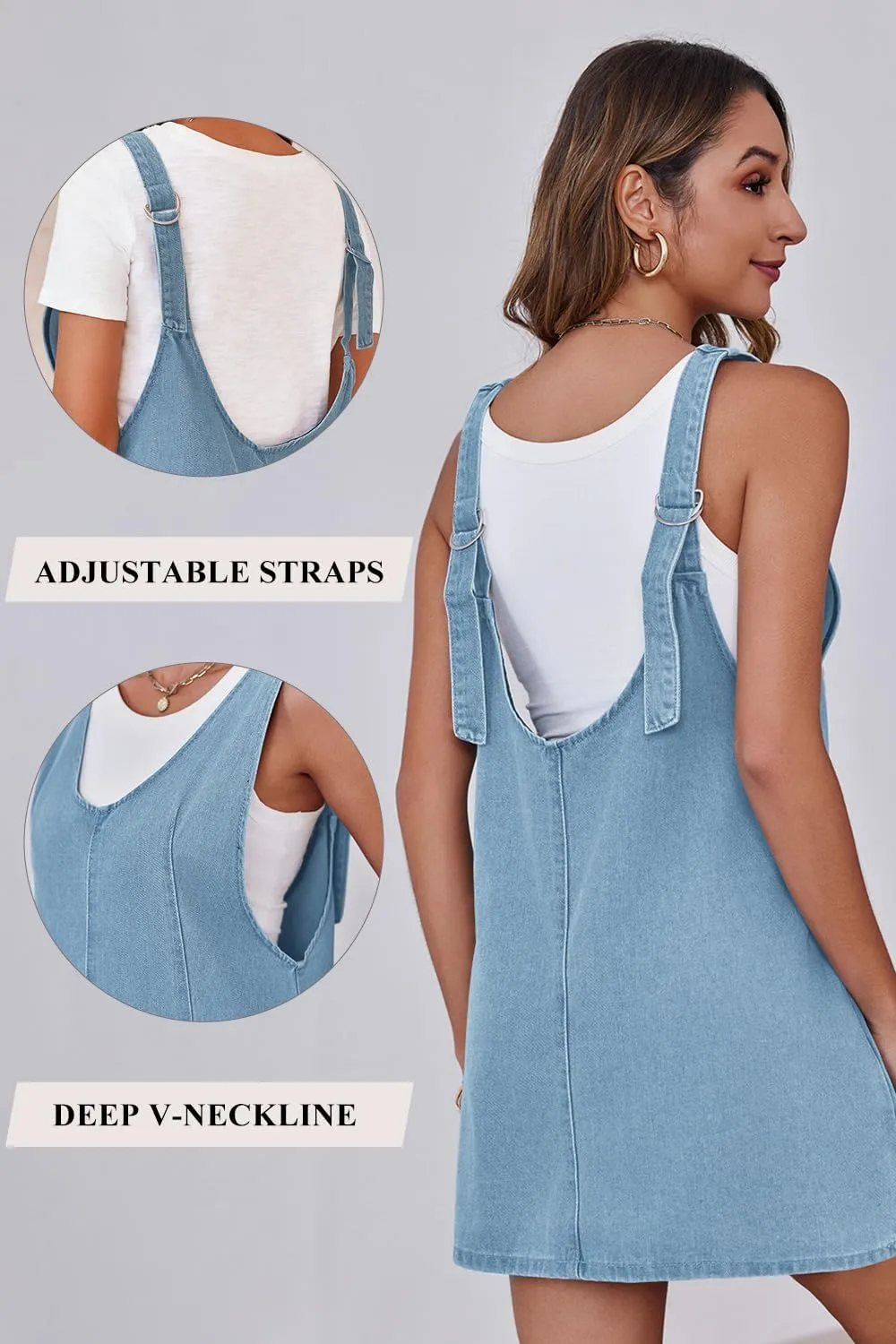 Womens High Roller Overalls Denim Dress Loose Casual Sleeveless Mini Pinafore Jean Romper Skirtall with Pockets