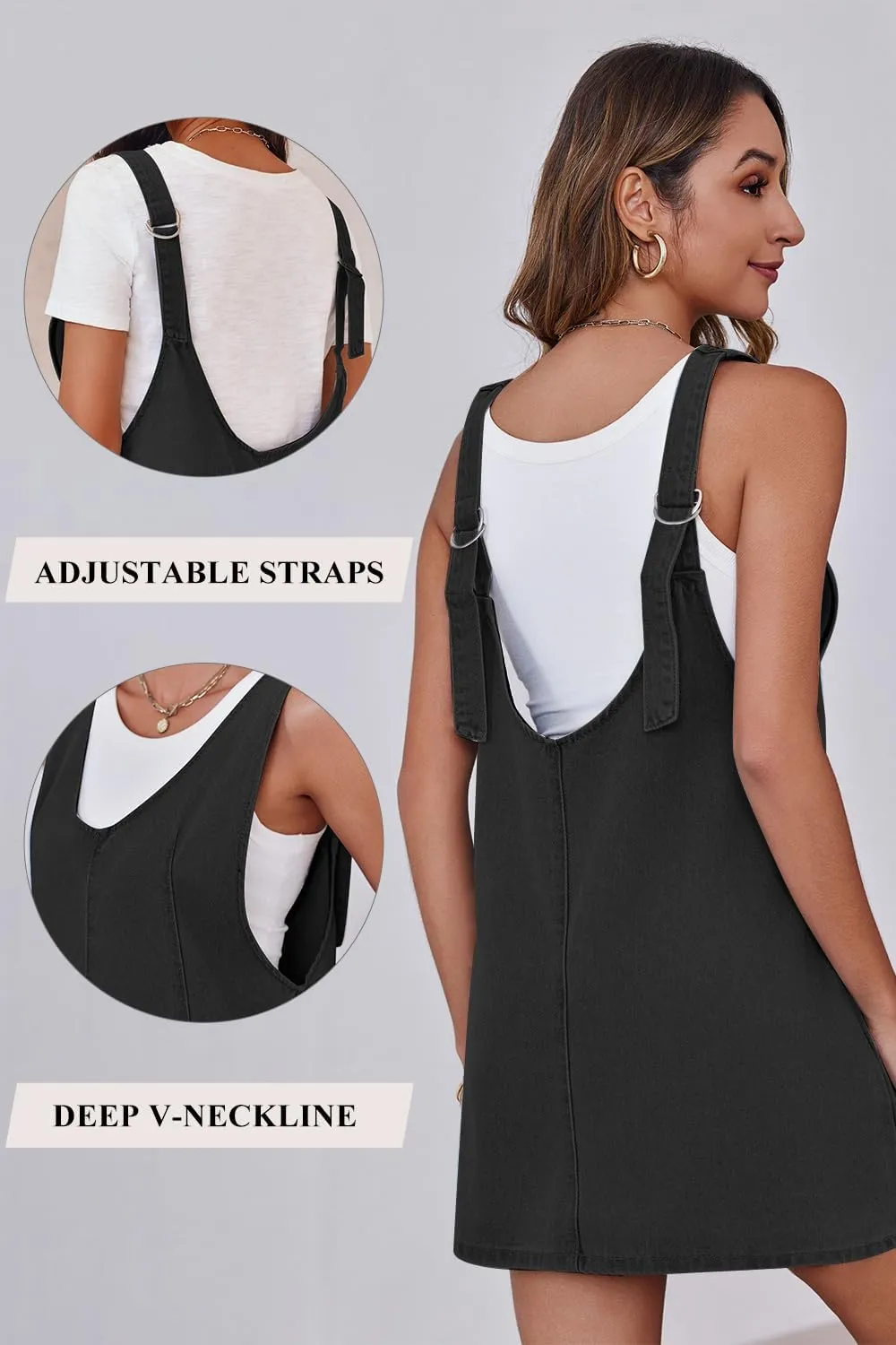 Womens High Roller Overalls Denim Dress Loose Casual Sleeveless Mini Pinafore Jean Romper Skirtall with Pockets