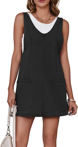 Womens High Roller Overalls Denim Dress Loose Casual Sleeveless Mini Pinafore Jean Romper Skirtall with Pockets
