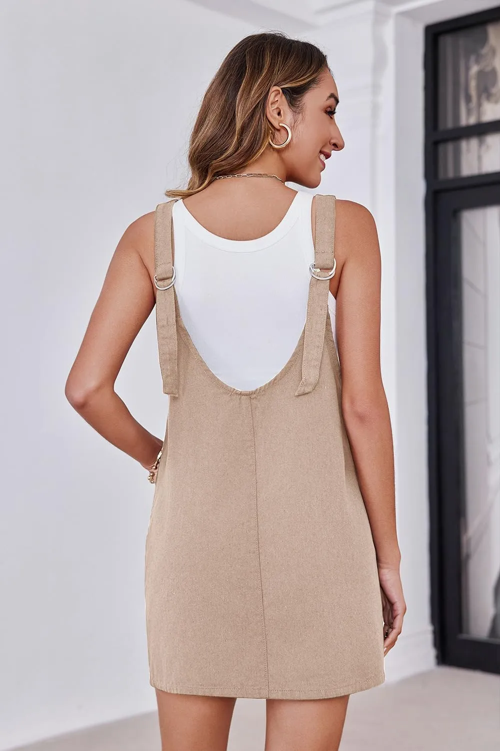 Womens High Roller Overalls Denim Dress Loose Casual Sleeveless Mini Pinafore Jean Romper Skirtall with Pockets