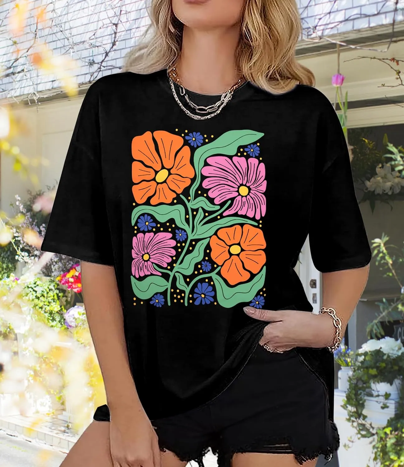 Womens Oversized Graphic Tshirt: Vintage Wildflower Shirt Boho Hiking T Shirt Nature Life Tee Summer Plant Tops